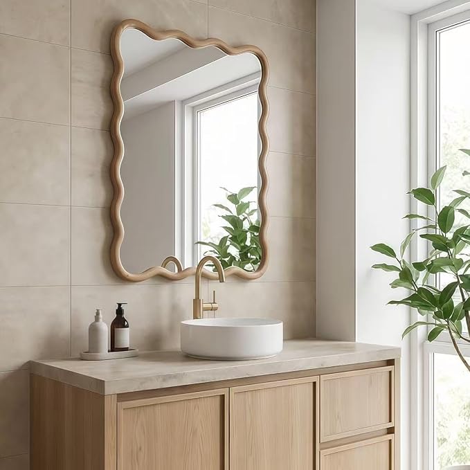 30x20 Inch Wooden Wavy Rectangle Wall Mirror, Modern Solid Wood Frame Decorative Accent Mirror for Bedroom, Bathroom, Living Room, Entryway, Natural Wood Color