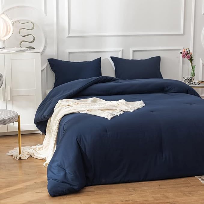 Pureant Navy Blue Comforter Queen Set Dark Blue Bedding Comforter Set Solid Color Blanket Quilts Men Women Cotton Blue Queen Size Bedding Breathable Soft Navy Blue Comforter with 2 Pillowcases