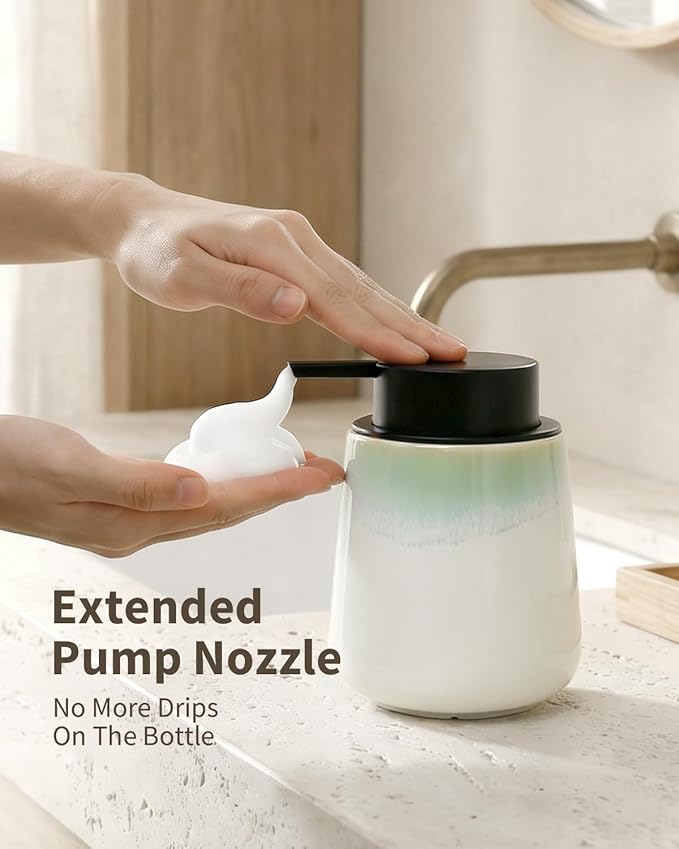 BosilunLife Foam Hand Soap Dispenser - 12 oz Bathroom Hand Pump Dispenser Foaming Soap Dispenser Ceramic Dish Wash Dispenser for Kitchen, White with Blue-Green Rim