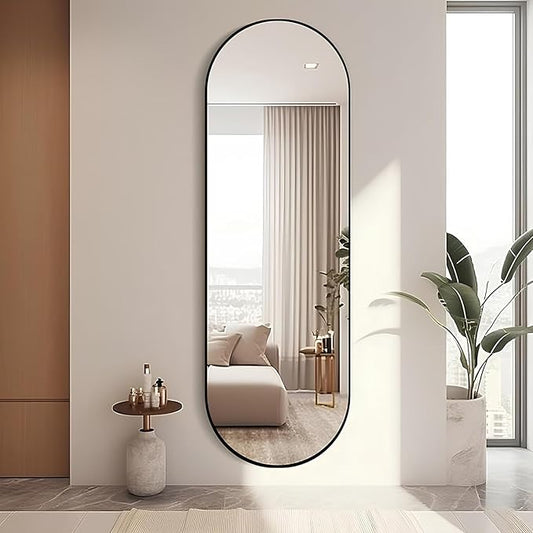 Arched Full Length Mirror Black, 65''x 22'' Oval Body with Metal Frame, Large Hanging Top for Bedroom, Living Room, Entryway, Bathroom 65x22 inch