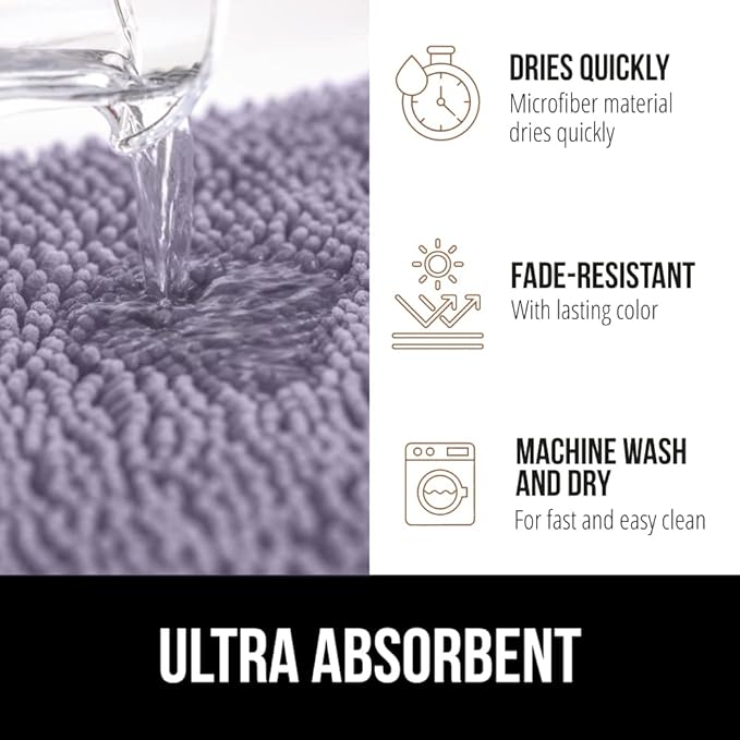 GORILLA GRIP Bath Rug Mat, Thick Soft Absorbent Chenille, Quick Dry Microfiber Mats, Rubber Backing Washable Shower Floor Rugs, US Designed Bathroom Bathmat Home Decor Accessories, 24x17 Light Purple