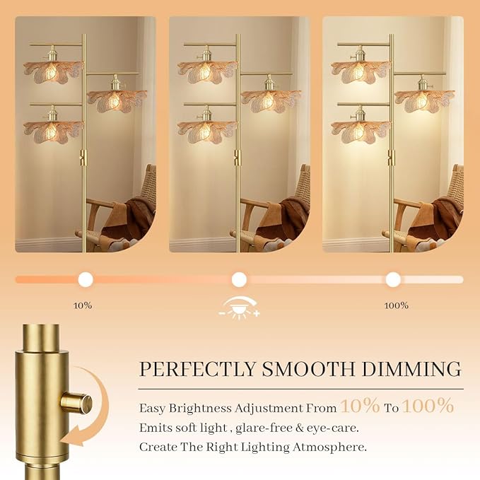 Amber Glass Floor Lamp, Dimmable Gold Standing Lamp with Leaf Lampshade, Three-Way Switch Control, 3-Light Tree Floor Lamp Mid Century Modern Tall Lamp for Living Room Bedroom Office Study