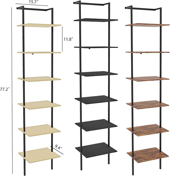 6-Tier Ladder Shelf, 77 Inches Wall Mounted Ladder Bookshelf with Metal Frame, Wood Tall Open Storage Rack and Display Shelves for Home Office Bedroom Living Room, Light Oak