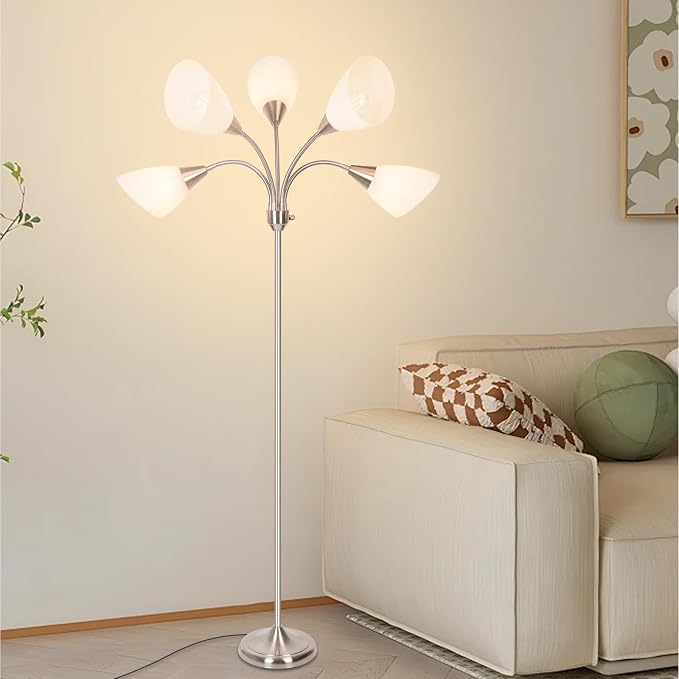 Floor Lamp, 5 Adjustable Neck Heads with Lampshades, Multi-Light Standing Reading Lamp for Living Room, Bedroom, Office