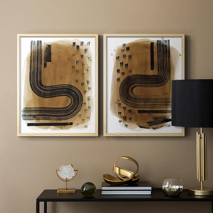 Renditions Gallery Set of 2 Peel & Stick Framed Prints, Abstract Wall Art, Hand Drawn Ink Curves Wall Decor, Re-Stickable - Ready to Hang - 8"x10" - NATURAL WOOD Frame LT588