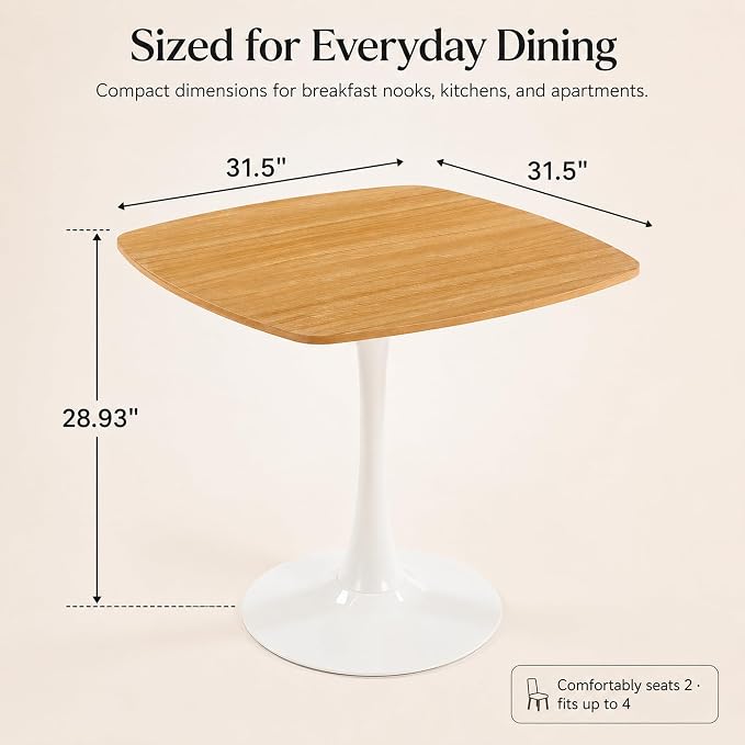 31.5 Inch Oak Square Dining Table for 2-4, Mid-Century Modern Tulip Table with White Metal Pedestal Base, 0.71 Inch MDF Top for Small Space, Apartment, Kitchen, Breakfast Nook & Office