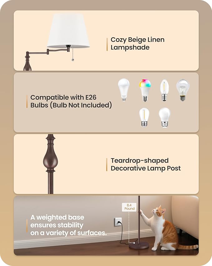 Vintage Floor Lamp with 350°Adjustable Swing Arm, 61” Mid-Century Modern Floor Lamp, Standing Pole Lamp with Pull Chain Switch, Antique Reading Lamp for Living Room, Bedroom, White and Brown VW13LD05