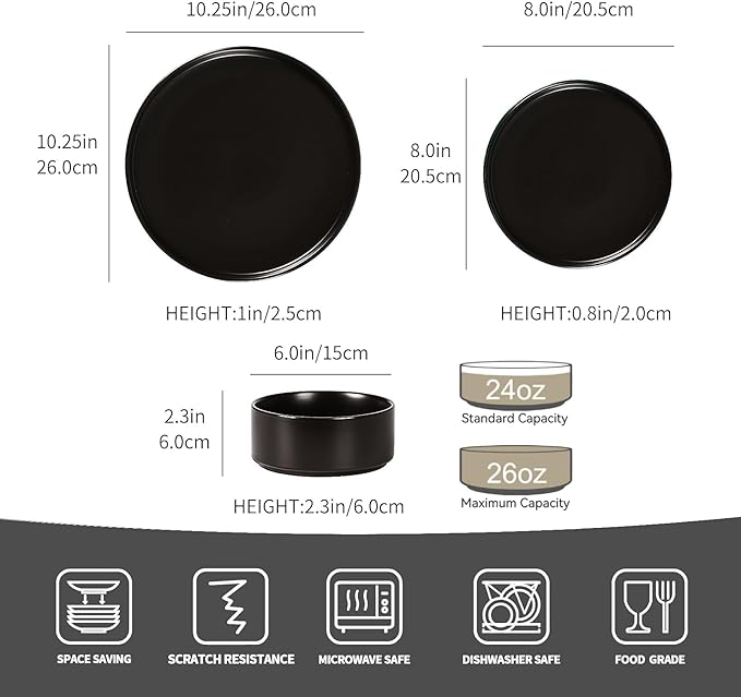 GZG Classic Series - Plates and Bowls Set for 8, 24 Piece Stoneware Dinnerware Sets, Microwave and Dishwasher Safe Lead-Free Handcrafted Ceramic Dishes Set - Matte Black