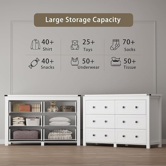 6 Drawer Dresser for Bedroom, White Modern Dressers & Chests of Drawers with Metal Handles, Closet Storage Dresser, Storage Cabinet and Organizer with Drawers
