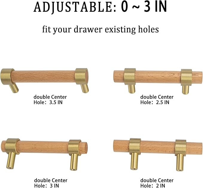 Wood and Brass Dresser Handles 0~3 Inch Double Hole 4Set Adjustable Center to Center Euro Scandi-Modern Kitchen Cabinet Pull, Unfinished DIY Wood and Metal Drawer Knob