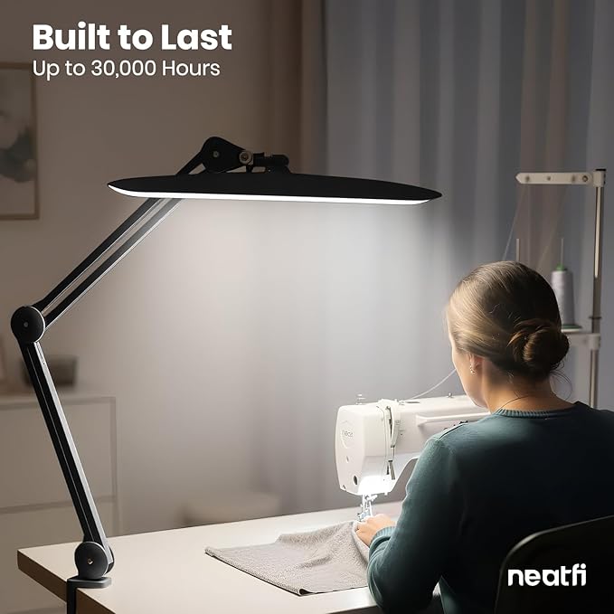 Neatfi XL Nail Desk Lamp with Clamp, 2200 Lumens, 20-Inch Wide Head, Dimmable 4 Levels, 6500K, LED Task Light for Manicure Table, Crafts, Workbench, Office (Non-CCT, Black)