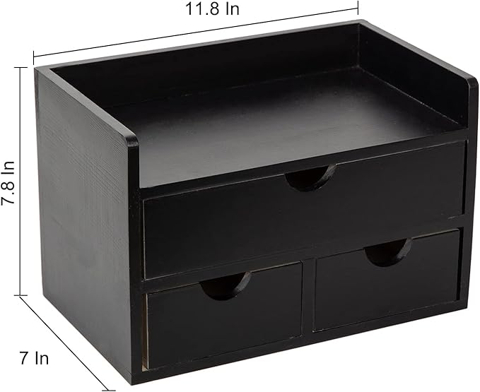 Black Bamboo Desk Organizer Wooden Storage Cabinet 3 Drawers with Shelf Tabletop Organization Box Home Office Workspace Bathroom Toiletries Supplies Caddy Vanity Makeup Stationery Holder