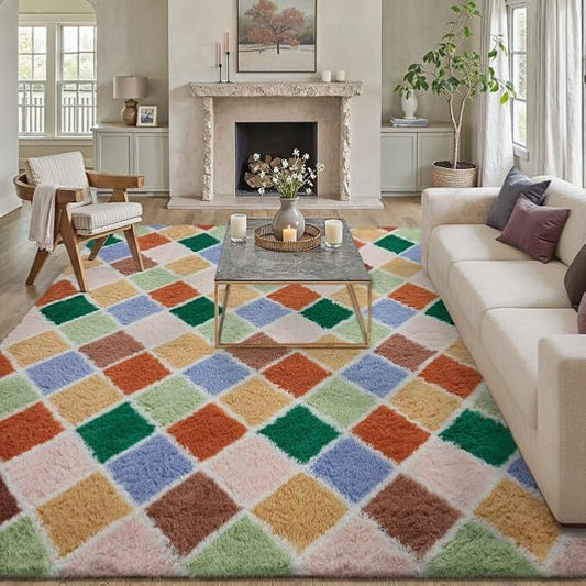 6x9 Checkered Rug for Living Room Colorful Modern Soft Area Rug Fluffy Non-Slip Carpet for Bedroom Playroom Home Aesthetic Decor