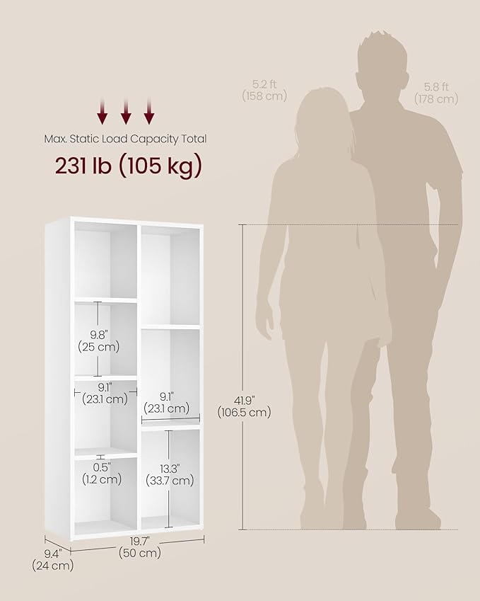 VASAGLE Bookcase, Bookshelf with 7 Compartments, Freestanding Shelves and Cube Organizer, for Display in Living Room, Bedroom, and Home Office, Cloud White ULBC27WT
