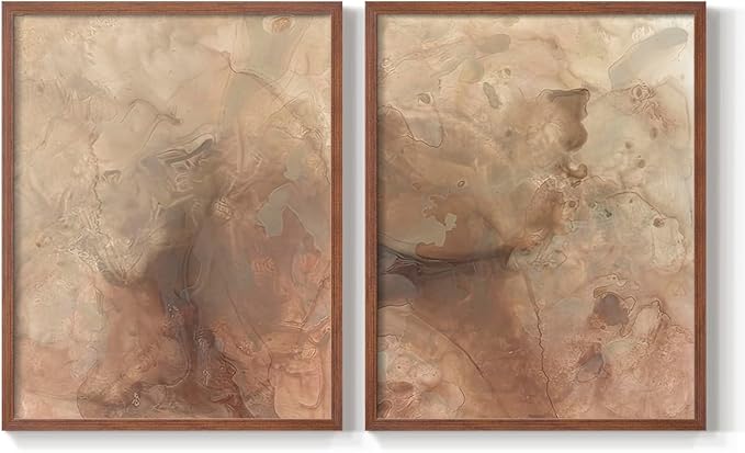 Renditions Gallery Set of 2 Peel & Stick Framed Prints, Abstract Wall Art, Brown Textured Marble Design Re-Stickable - Ready to Hang - 8"x10" - Walnut Frame LT588