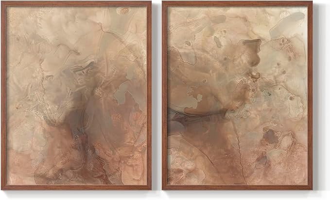 Renditions Gallery Set of 2 Peel & Stick Framed Prints, Abstract Wall Art, Brown Textured Marble Design Re-Stickable - Ready to Hang - 11"x14" - Walnut Frame LT588