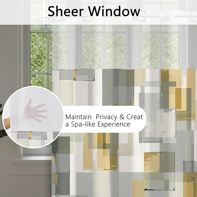 No Hook Shower Curtain with Snap in Liner, Modern Abstract Geometric Print, Grey & Gold Shower Curtains with See Through Mesh Top Window, Waterproof Cloth Fabric, 71x74 Inch