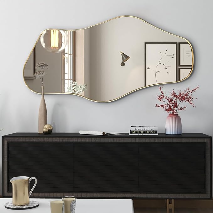 Irregular Wall Mirror, 47"x25" Asymmetrical Aesthetic Mirror with Gold Metal Frame, Modern Organic Shape Mirrors for Entryway Living Room Bedroom Hallway, Horizontal or Vertical Hanging