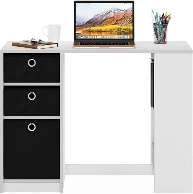 Furinno Jaya Desk, 39.4" Wide Gaming Desk with Drawer Bins, Computer Desk with Side Book Shelf, Writing Desk, Office Desk for Home Office, Study Room, Dorm, Bedroom, White