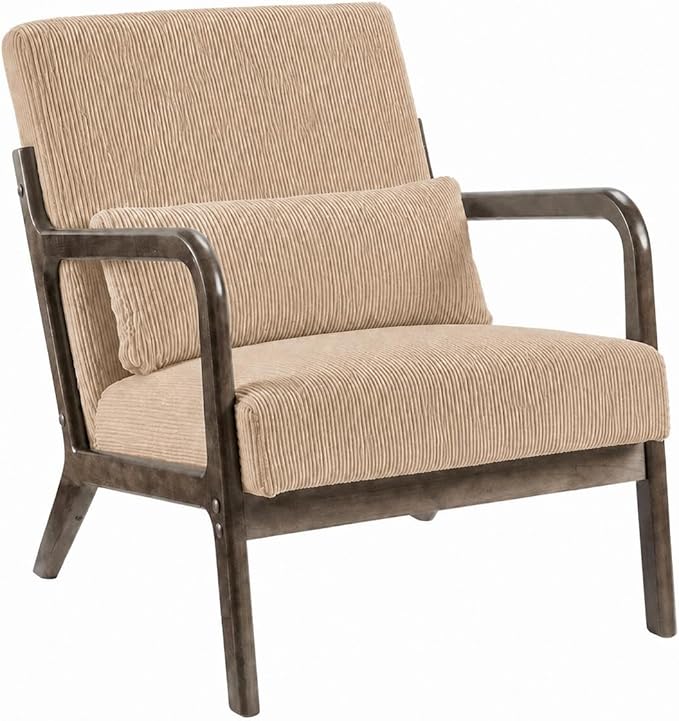 Garvee Mid-Century Modern Accent Chair, Fine Wale Corduroy Upholstery, Solid Wood Armchair with Removable Lumbar Pillow, Sturdy Reading Chair for Living Room, Bedroom, Guest Room, Easy Assembly, Brown