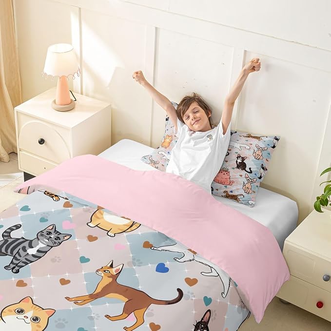 Erosebridal Cat Toddler Bedding Set Cute Kitten Duvet Cover Kawaii Pet Animals Comforter Cover for Kids Girls Boys Adults Hearts & Paw Pastel Argyle Patchwork Plaid Bed Set