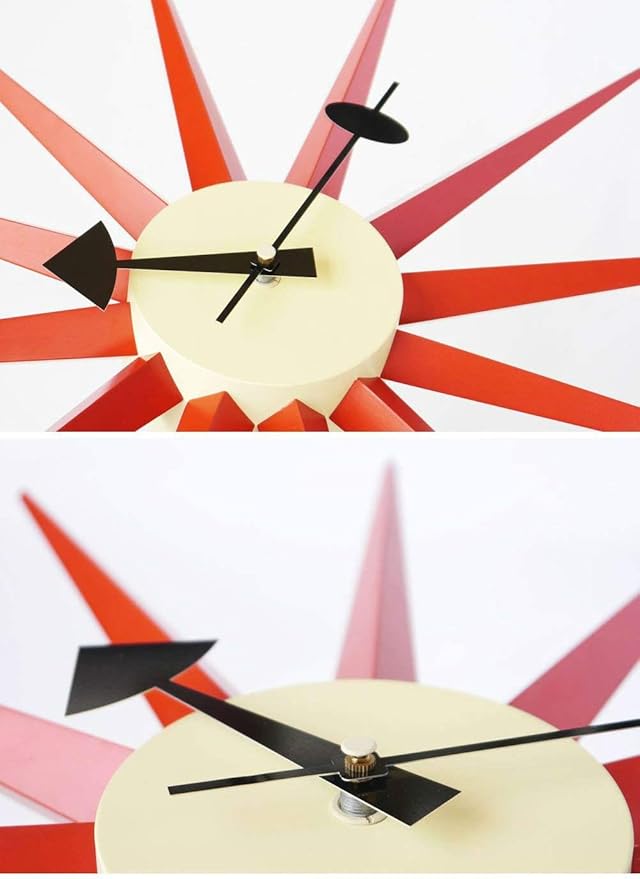 SHISEDECO Modern Sunburst Clock in Red Color, Non Ticking Wooden Mid Century Retro Design Decorative Silent Wall Quartz Clocks for Home, Living Room, Office and Bedroom etc.