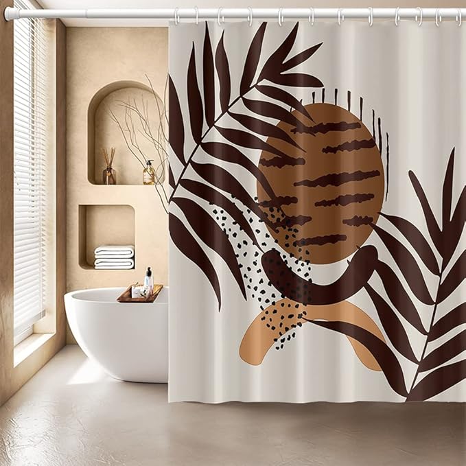 Mid Century Boho Shower Curtain 36x72 Inch Abstract Geometric Brown Plant Leaves Sun Modern Minimalist Shower Curtain for Bathroom Decoration with Hooks Waterproof Polyester Fabric