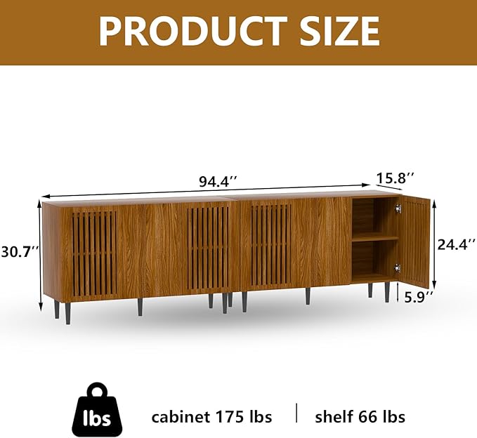 CHUWELL Farmhouse Storage Cabinet, 94.4" Buffet Cabinet with 6 DIY Doors and Adjustable Shelf, Sideboard Coffee Bar with Solid Wood Feet for Kitchen,Dining Room,Living Room,Brown