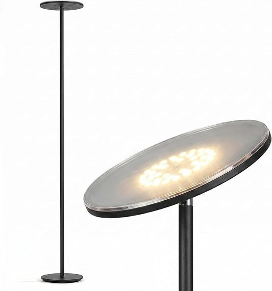 Brightech Sky LED Floor lamp, Torchiere Super Bright Floor Lamp for Living Room Decor & Office - Dimmable, Tall Standing Torch Lamp with Warm Light for Bedroom & Reading - Black