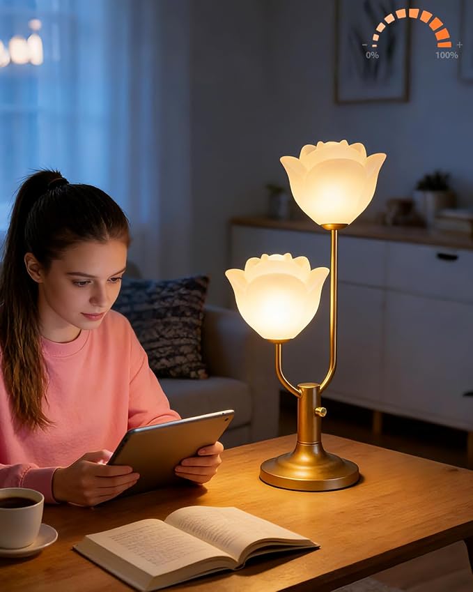 Lightdot Women Bedside Table Lamps for Bedroom, 2-Light Cute Flower Desk Lamp with G9 LED Bulbs, 0-100% Stepless Dimmable Gold Nightstand Lamp, Floral Lamp for Living Room, Home Office,Reading
