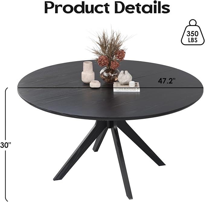 Soohow 47.2" Solid Wood Round Dining Table for 4-6 People with Intersecting Pedestal Base, Circle Kitchen Tables for Dining Room, Kitchen, Black