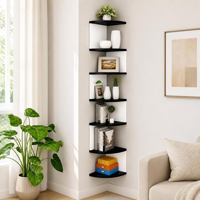 No-Drill Corner Shelf Wall Mount, 7-Tier Floating Corner Bookshelf with Hooks, Space-Saving Zigzag Plant Shelf for Bedroom, Living Room, Bathroom, Home Office(White & Black)