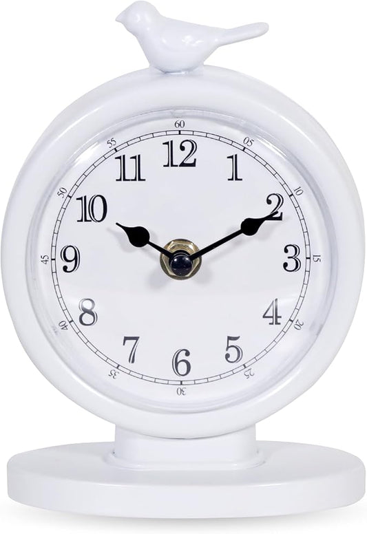 Mantel Clock, Classic Vintage Clocks and Decorative Shelf Decor, Silent Analog Desk Clocks with Light Vintage Metal Table Clock for Living Room Shelf Bedside Home Decor (White)
