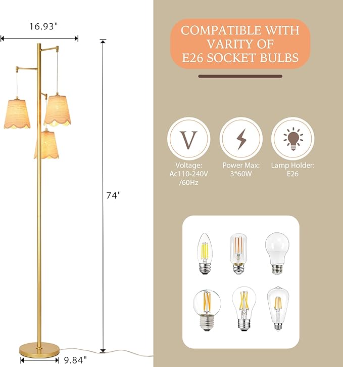 Boho Rattan Floor Lamp, 3-Lights Tree Tall Standing Lamp with Flower Shades Antique Brass Brush Paint Finish for Dining Room, Living Room, Bedroom