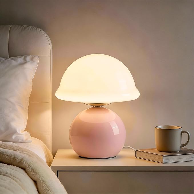 Mushroom Table Lamp for Bedroom, Cozy Bedside Lamp with Glass Shade, Stepless Dimmable Nightstand Lamp for Relaxing Bedroom Decor & Aesthetic Home (Pink)