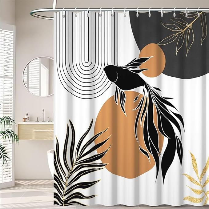 Boho Abstract Goldfish Shower Curtain Modern Abstract Minimalist Neutral Bathroom Decor Arch Sun Black Gold Leaf Chic Aesthetic Bath Curtains Washable Waterproof Polyester Fabric with Hooks 72x96 Inch