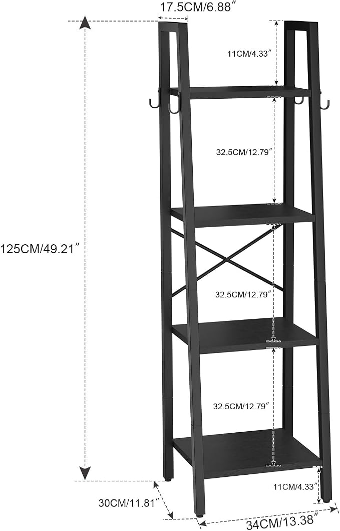 YMYNY 4 Tiers Ladder Bookcase, Industrial Narrow Bookshelf, Open Display Rack with 4 S Hooks, Metal Storage Shelves for Bedroom, Home Office, Living Room, Black, 49.2H*13.4L*11.8W, UHBC024B