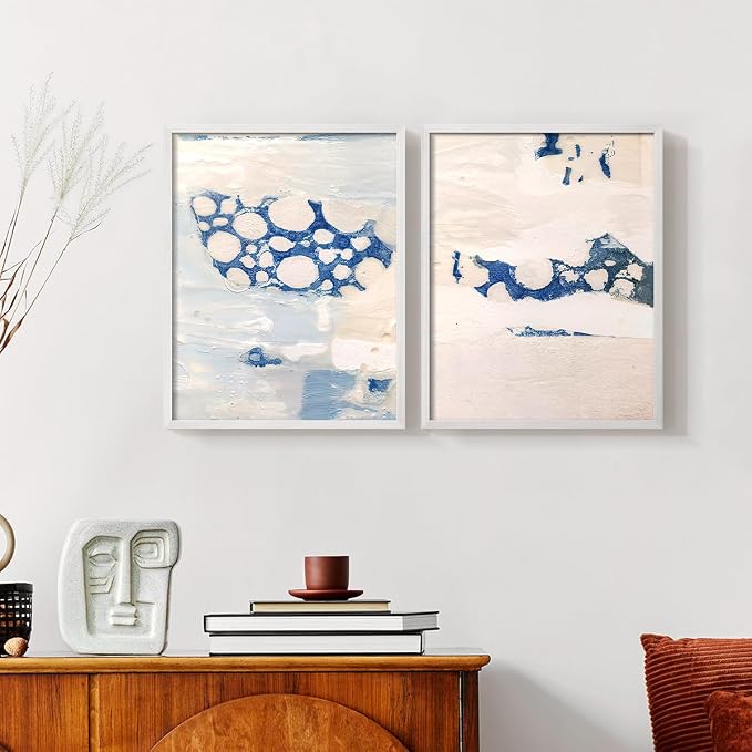 Renditions Gallery Set of 2 Peel & Stick Framed Prints, Textured Abstract Wall Art, White Blue Bubble Like Pattern Wall Decor, Re-Stickable - Ready to Hang - 22"x28" - White Frame LT588
