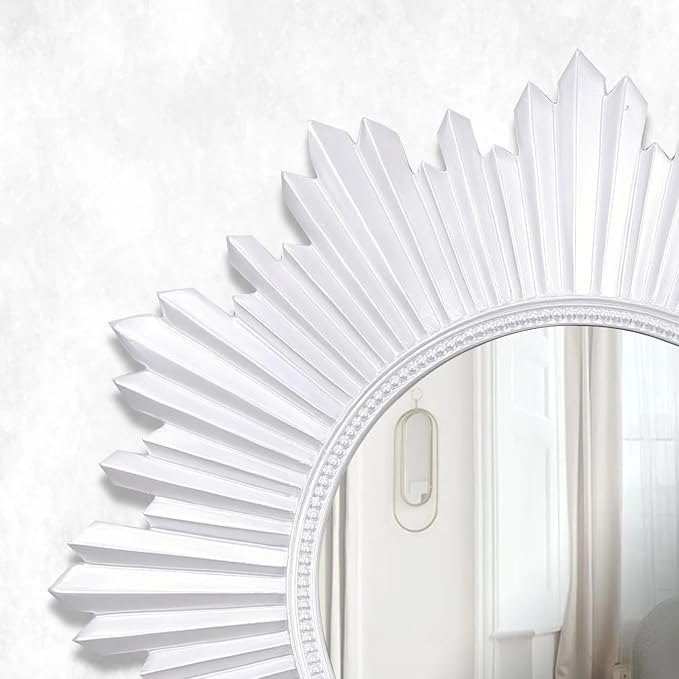 Armanda Collection Sunburst Round Wall Mirror Handmade Resin Frame Decorative Home Accent (Pearl) 47x47 cm / 18.5x18.5 Inches