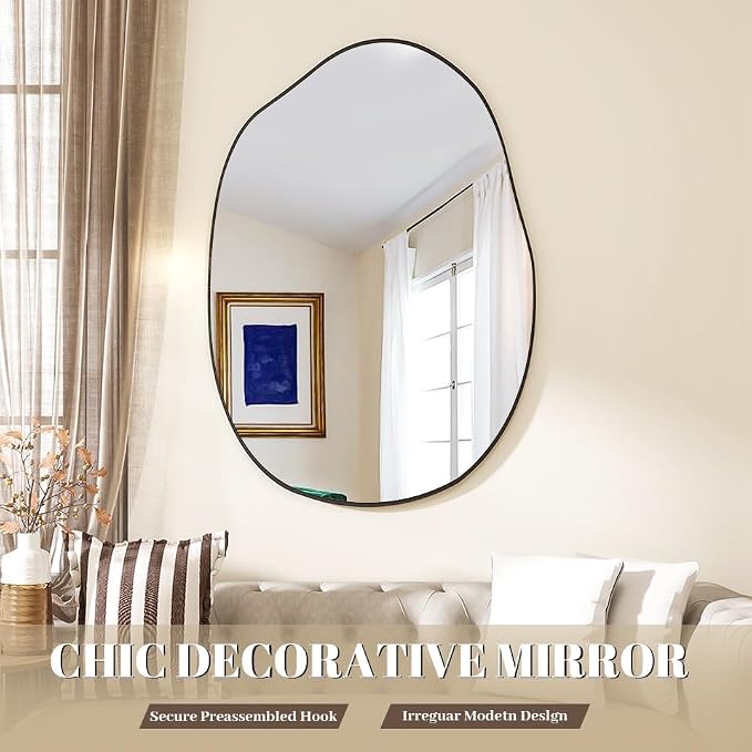 BEAUTYPEAK Asymmetrical Mirror, 26 x 40 Inches Irregular Wall Mirror, Wood Frame Unique Shape Wall Mounte, Decorative for Living Room Bedroom Entryway Hallway