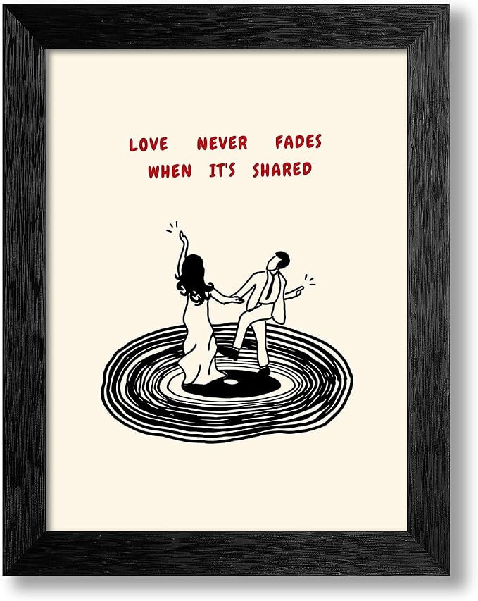 Romantic Valentines Day Couple Dance Wall Art Modern Love Quotes Poster Minimalist Vinyl Record Canvas Prints for Living Room Bedroom Home Wall Decor 012X16 inch Black Framed