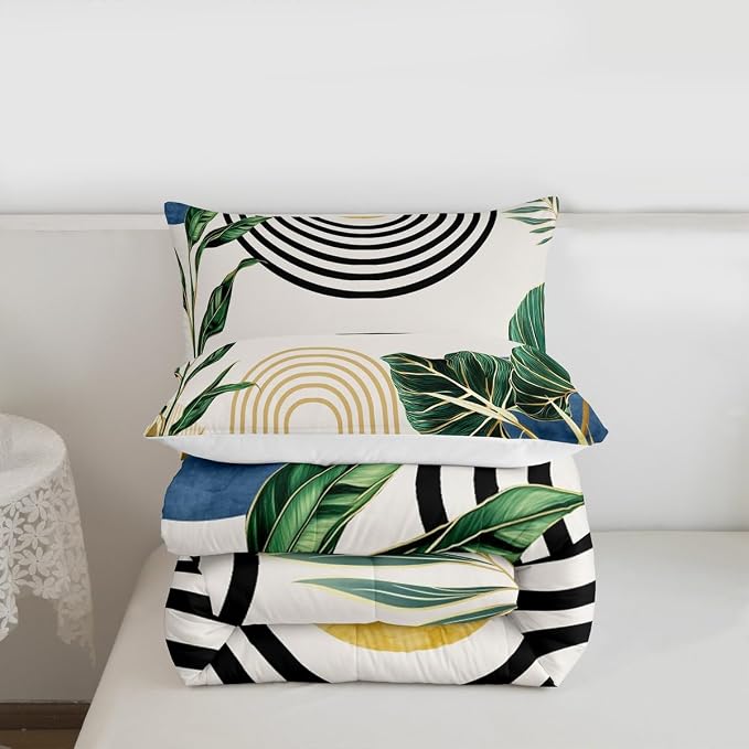 Erosebridal Navy Blue Boho Comforter Full Abstract Light Blue Mid Century Bedding Set Tropical Plant Minimalist Bedding for Kids Boys Girls Modern Geometric Aesthetic Duvet Insert 3Pcs Room Decor