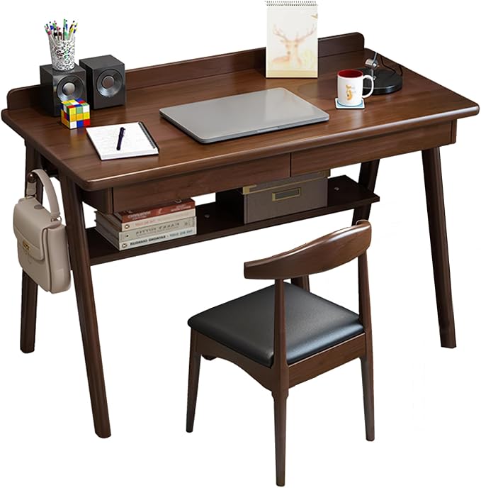Ytaoka 47" Solid Wood Mid Century Modern Desk with 2 Drawers & 1-Pack Solid Wood Chair Bundle for Home Office or Study Room – Walnut Finish