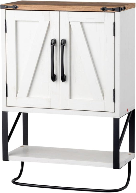 VINGLI Small Bathroom Medicine Cabinet with Tower Bar 7.1"D x 15.4"W x 23.3"H Farmhouse Wall Cabinet Over Toilet Storage with Adjustable Shelf Wall Mounted for Bathroom Kitchen (Rustic White & Brown)