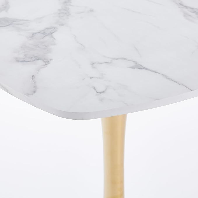 Square Dining Table for 2 4 6, Special Kitchen Table with Tulip Shape & Metal Pedestal Base, Mid Century Modern Bistro Tulip Table for Kitchen, Small Space, Cafe (White and Gold, 31.5 inches)