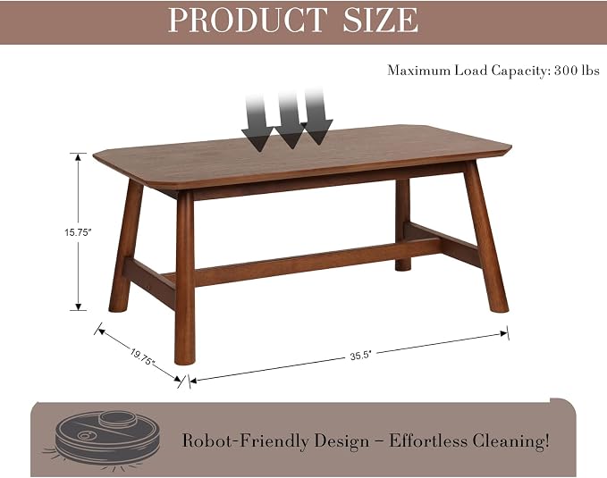 CIMOTA Walnut Wood Coffee Table, Mid-Century Modern Rectangular Center Table, Solid Wooden Tea Table for Living Room, Retro Dark Brown Finish, 35.5" x 20"