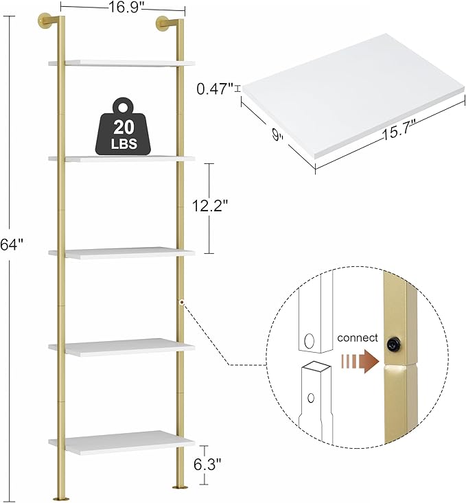 Acovy 5-Tier Bookshelf - Solid Wood Narrow Bookcase Set of 2, Wall Mount Ladder Shelf, Storage Rack for Living Room, Bedroom, Bathroom, White and Gold