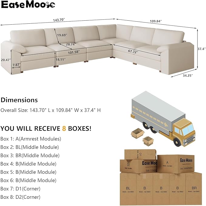 EASE MOOSE Leather Sectional Couch, Oversized Modular Sectional Sofa, Wide Deep Seat Modular Couch, Scratch Resistant Faux Leather Material, L Shaped Sofas for Living Room, Beige