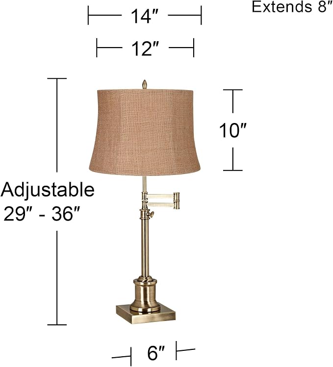 360 Lighting Westbury Traditional Swing Arm Desk Table Lamp Adjustable Height 36" Tall Antique Brass Natural Burlap Fabric Drum Shade for Living Room Bedroom House Bedside Nightstand Home