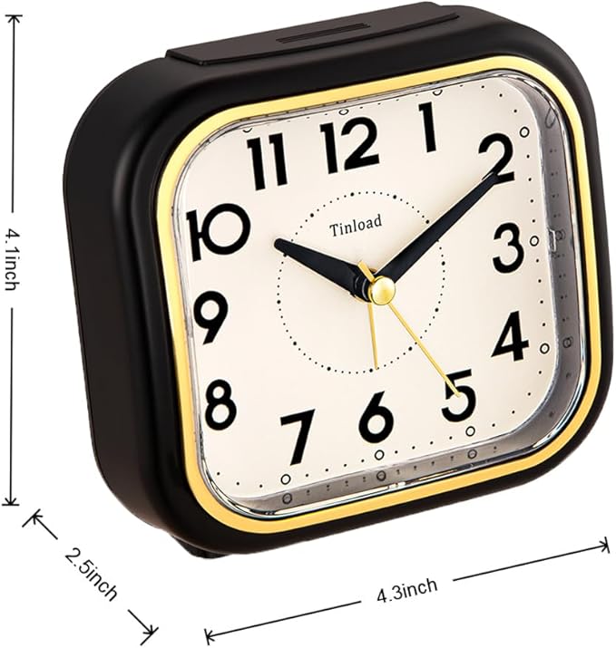 Tinload 4.3" Vintage Retro Analog Alarm Clock, Super Silent Non Ticking Clock with Manual Light, Snooze, Battery Operated, Simply Design, for Living Room, Bedroom, Bedside, Desk(Black-V2)